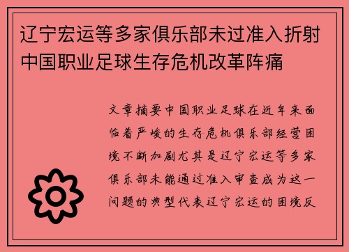 辽宁宏运等多家俱乐部未过准入折射中国职业足球生存危机改革阵痛