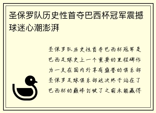 圣保罗队历史性首夺巴西杯冠军震撼球迷心潮澎湃