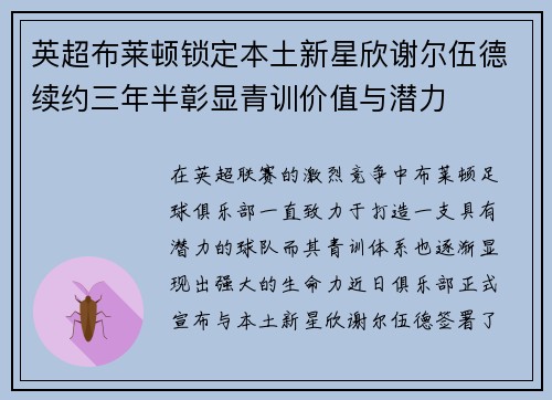 英超布莱顿锁定本土新星欣谢尔伍德续约三年半彰显青训价值与潜力 英超布莱顿锁定本土新星欣谢尔伍德续约三年半彰显青训价值与潜力